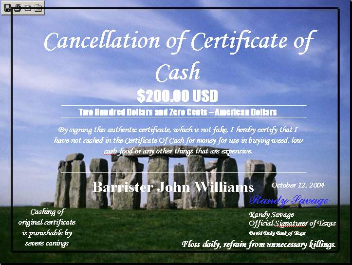 Cancellation of Certificate of Cash